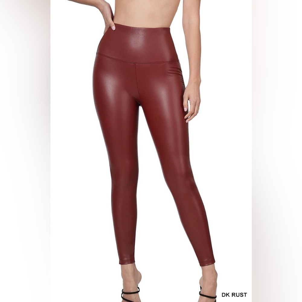 NWT Zenana Burgundy Maroon High Rise Full Length Faux Leather Leggings L - Picture 3 of 10